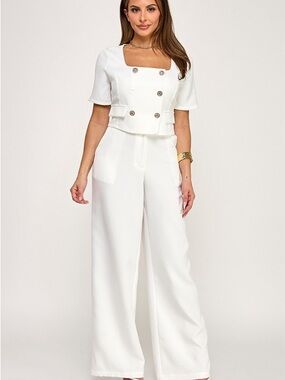 White Wide-Leg Suit Set with Square Neck Blouse